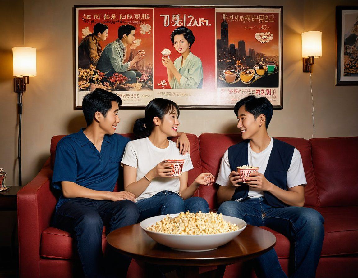 A cozy living room setting featuring two people on a vintage sofa, engaging in a light-hearted discussion over a popcorn bowl, surrounded by romantic movie posters from popular Taiwanese dramas. A soft glow from a TV in the background casts a warm ambiance, with faint images of iconic love scenes. Include elements like heart-shaped decorations and a window with a scenic view of Taipei. Painting. warm colors. intimate atmosphere.
