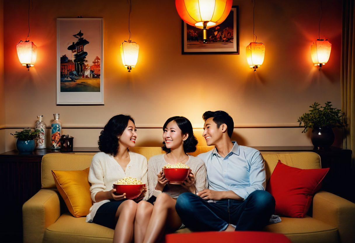 A cozy living room scene featuring a couple enjoying a vintage film on a projector, surrounded by Taiwanese cultural elements like lanterns and tea sets. Include soft, warm lighting and a romantic atmosphere with heart-shaped decorations subtly integrated into the background. Emphasize the couple's joy and connection as they share a popcorn bowl. super-realistic. vibrant colors. romantic ambiance.
