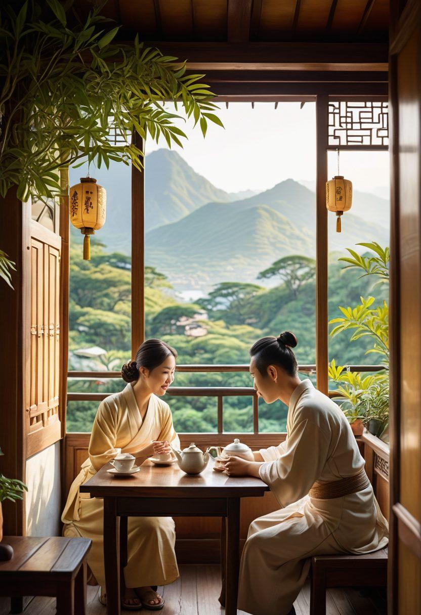 A beautifully serene scene depicting a couple in a picturesque Taiwanese tea house, surrounded by lush greenery and traditional decorations. The lovers share a tender moment, as soft golden light filters through the leaves, casting romantic shadows. Include elements like decorative tea sets and distant mountains for authenticity, enhancing the overall warmth of Taiwanese culture. watercolor painting. soft pastel colors. high detail.
